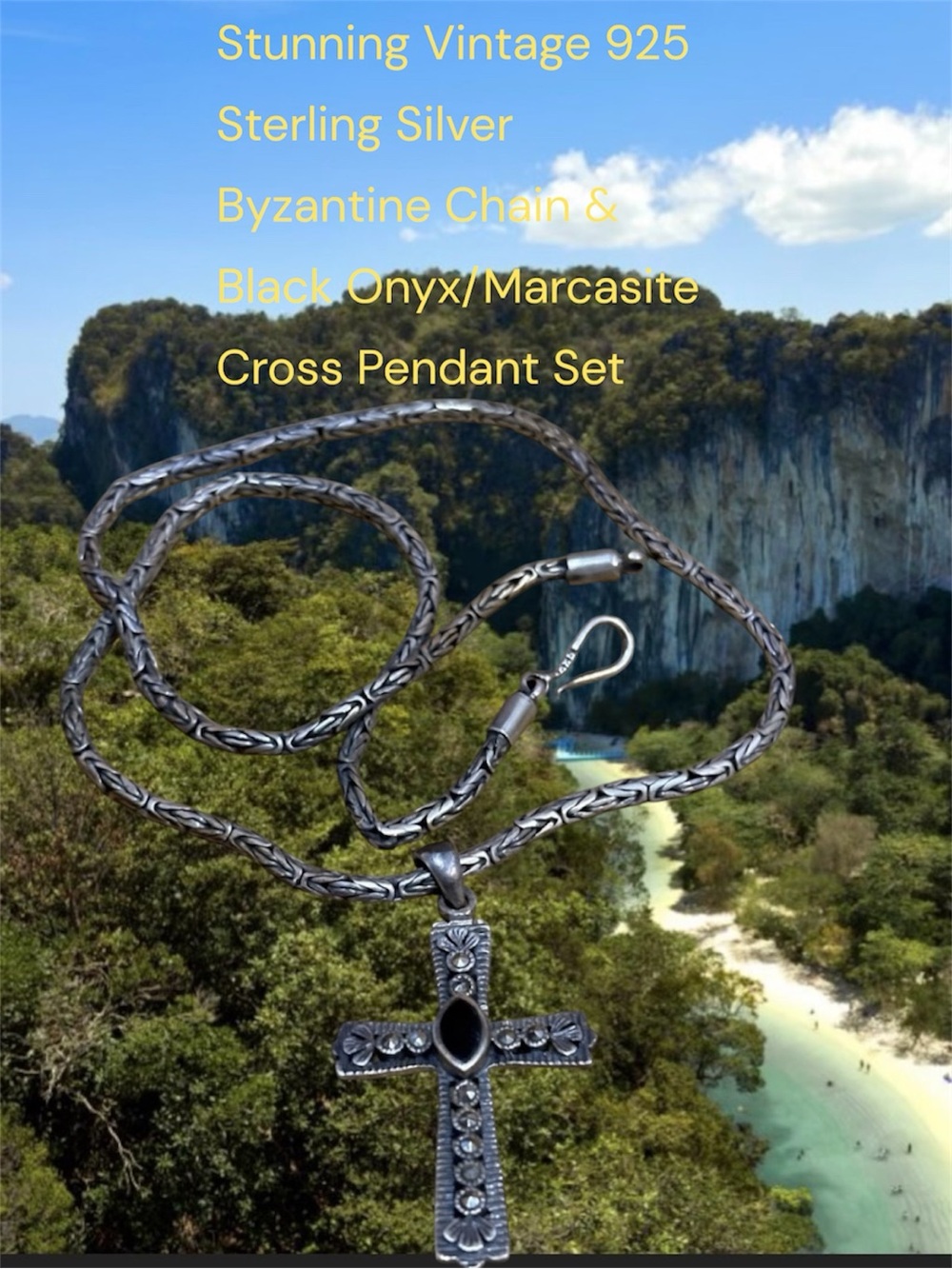 VTG Thailand 925 Silver Heavy Byzantine Chain Marcasite Onyx Cross Necklace